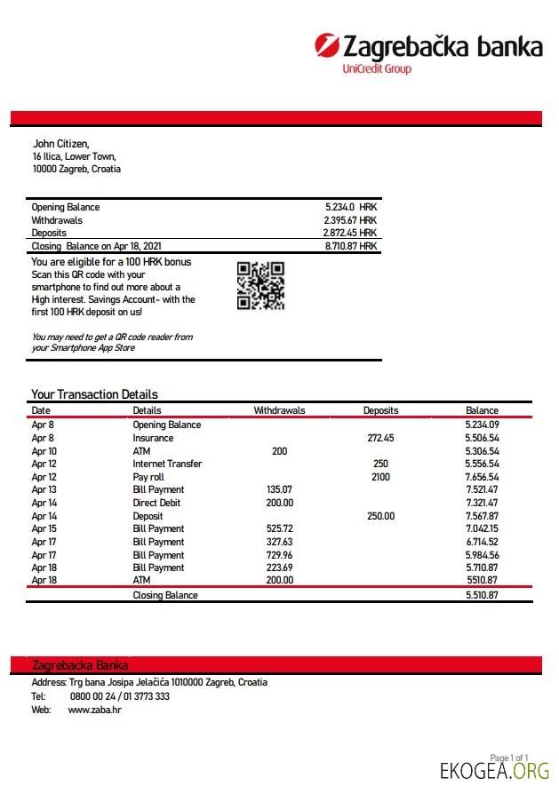 Croatie Relevé de la banque Zagrebačka